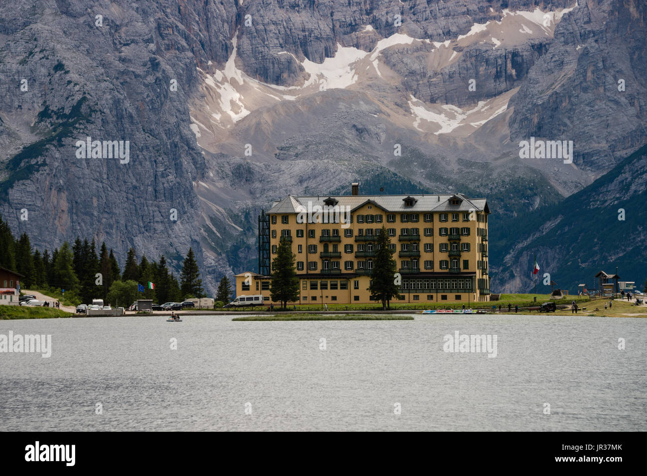 Former Grand Hotel Savoy at Lake Misurina, in the Dolomites, Italy, in summer Stock Photo