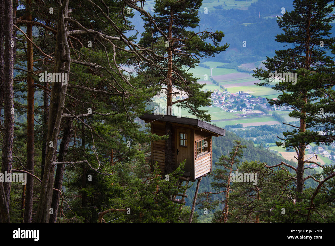 Wooden observation hut in Tirol over the Inn valley Stock Photo