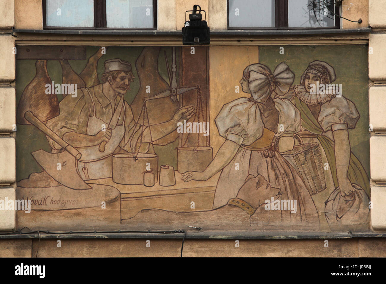 Butcher's shop depicted in the mural painting by Czech painter Ladislav