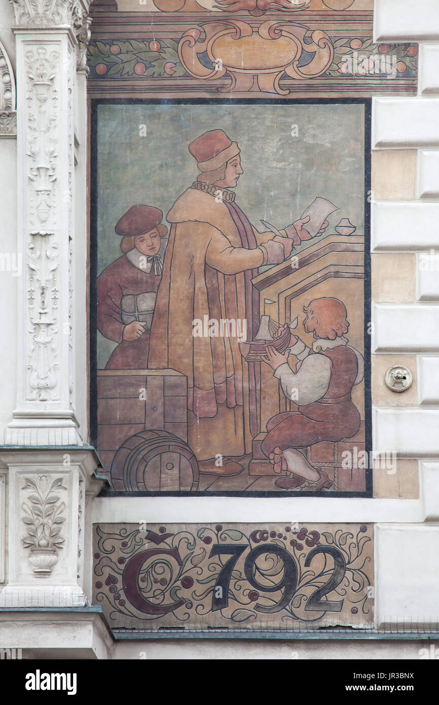 Renaissance merchant holding accounts depicted in the mural painting after design by Czech painter Mikoláš Aleš on the Wiehl's House (Wiehlův dům) in Wenceslaus Square in Prague, Czech Republic. The building designed by Czech architect Antonín Wiehl was built in 1894-1896. The murals were painted by Ladislav Novák and Arnošt Hofbauer with assistance of František Urban and Vilém Trsek. A merchant assistant and a boy holding a toy ship are also depicted in the mural. Stock Photo