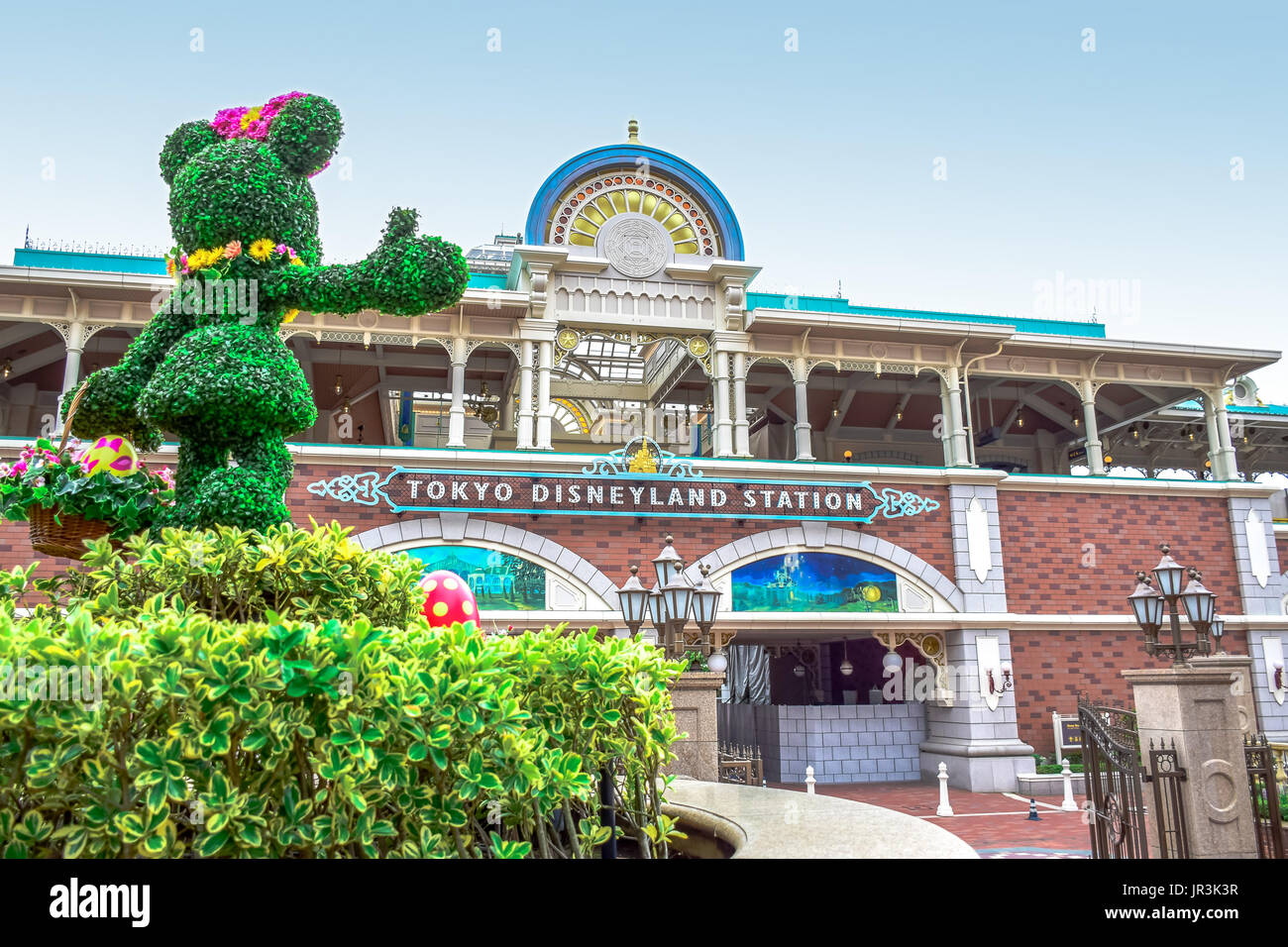CHIBA, JAPAN: Tree topiary Minnie Mouse shape at Tokyo Disneyland Resort monorail train station, Urayasu, Chiba, Japan Stock Photo