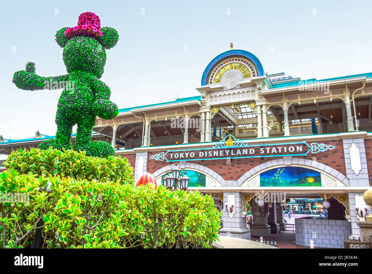 CHIBA, JAPAN: Tree topiary Mickey Mouse shape at Tokyo Disneyland Resort monorail station, Urayasu, Chiba, Japan Stock Photo