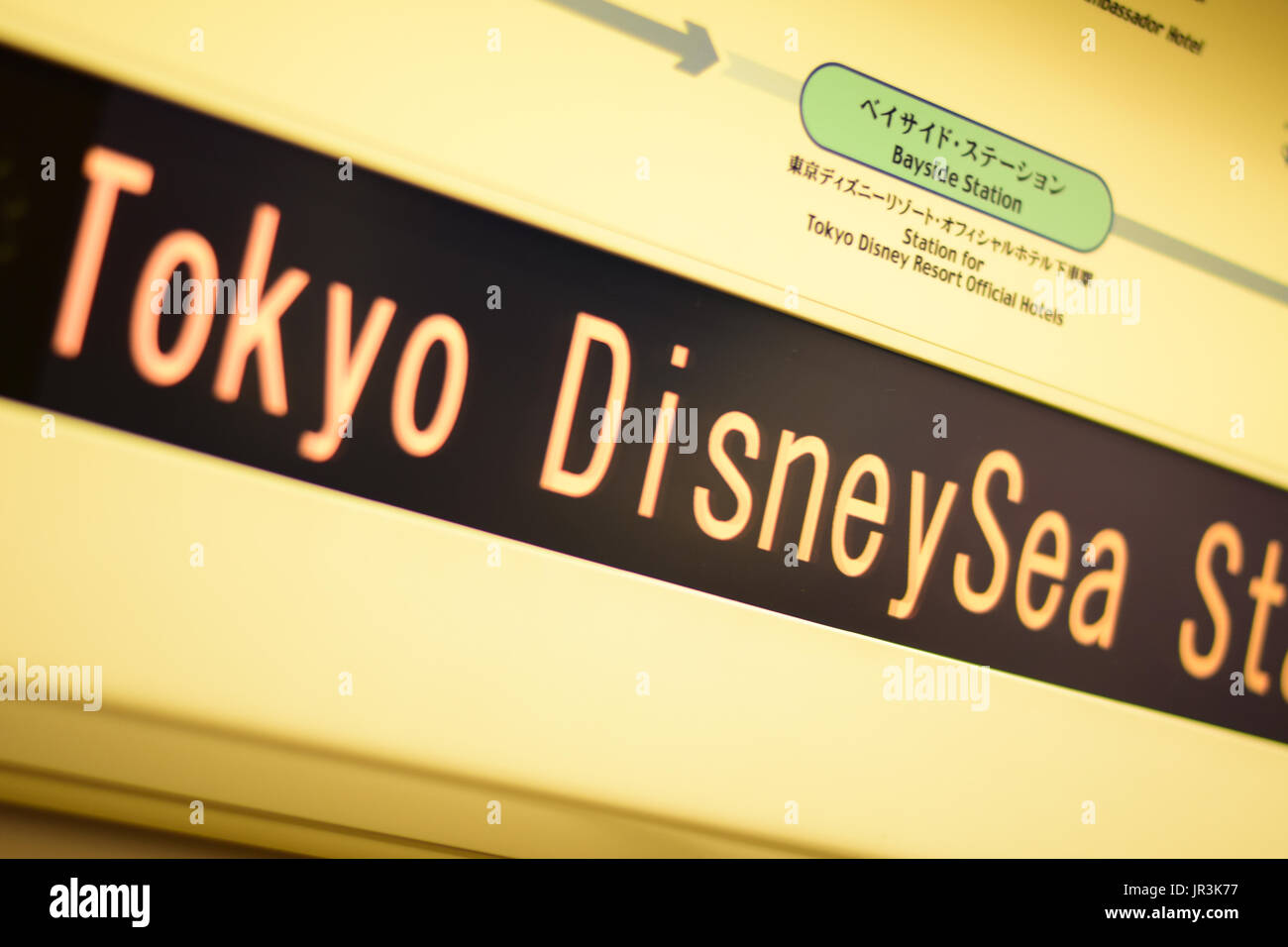 CHIBA, JAPAN: Tokyo Disneysea Station LED label board display in Tokyo Disney Resort Monorail Line, Urayasu, Chiba, Japan Stock Photo