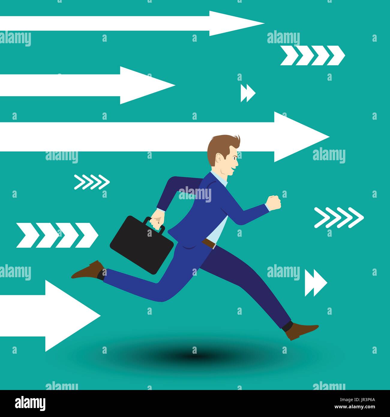 Business Opportunity Concept As A Businessman Is Running Forward In High Speed Along With White Arrows Full Of Motivation, Attempt, And Encouragement. Stock Vector