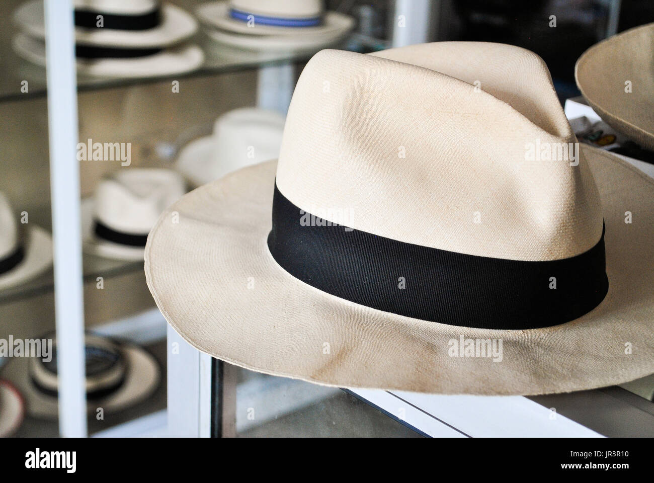 Toquilla straw hat, known as Panama Hat.  Brimmed straw hat of Ecuadorian origin.  Montecristi.  Ecuador. Stock Photo