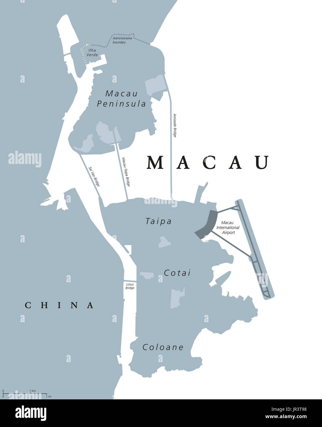 Macau political map. Also spelled Macao. English labeling. Special Administrative Region of Peoples Republic of China in East Asia. Stock Photo