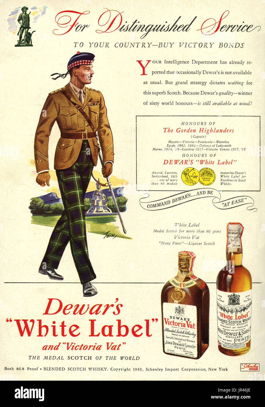 Vintage Scotch Whiskey advertising poster reproduction. Dewars White label 