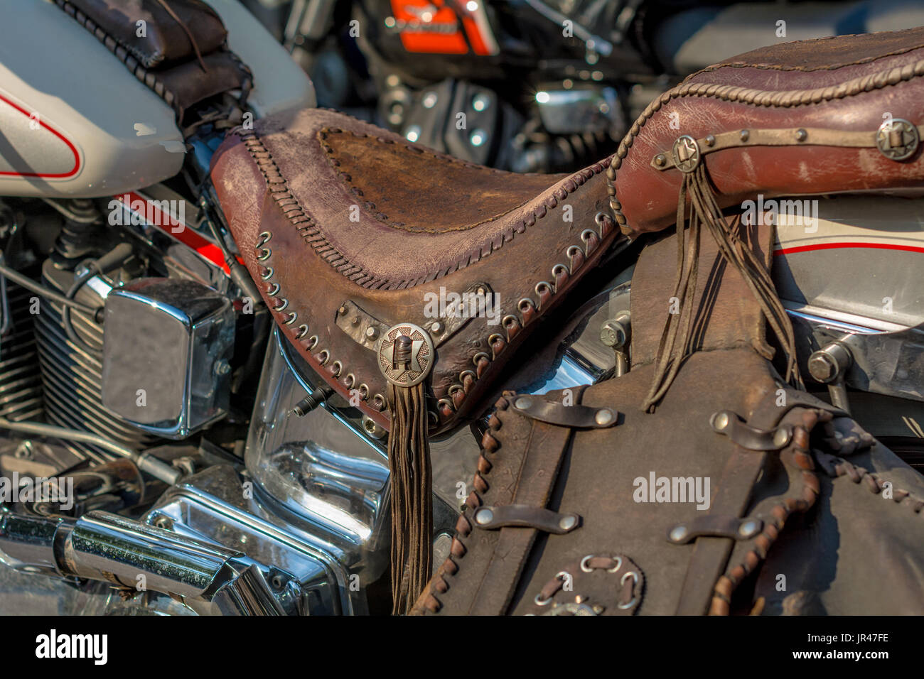 A typical biker leather bag. Motorbike accessories. Vintage effect filter  Stock Photo - Alamy