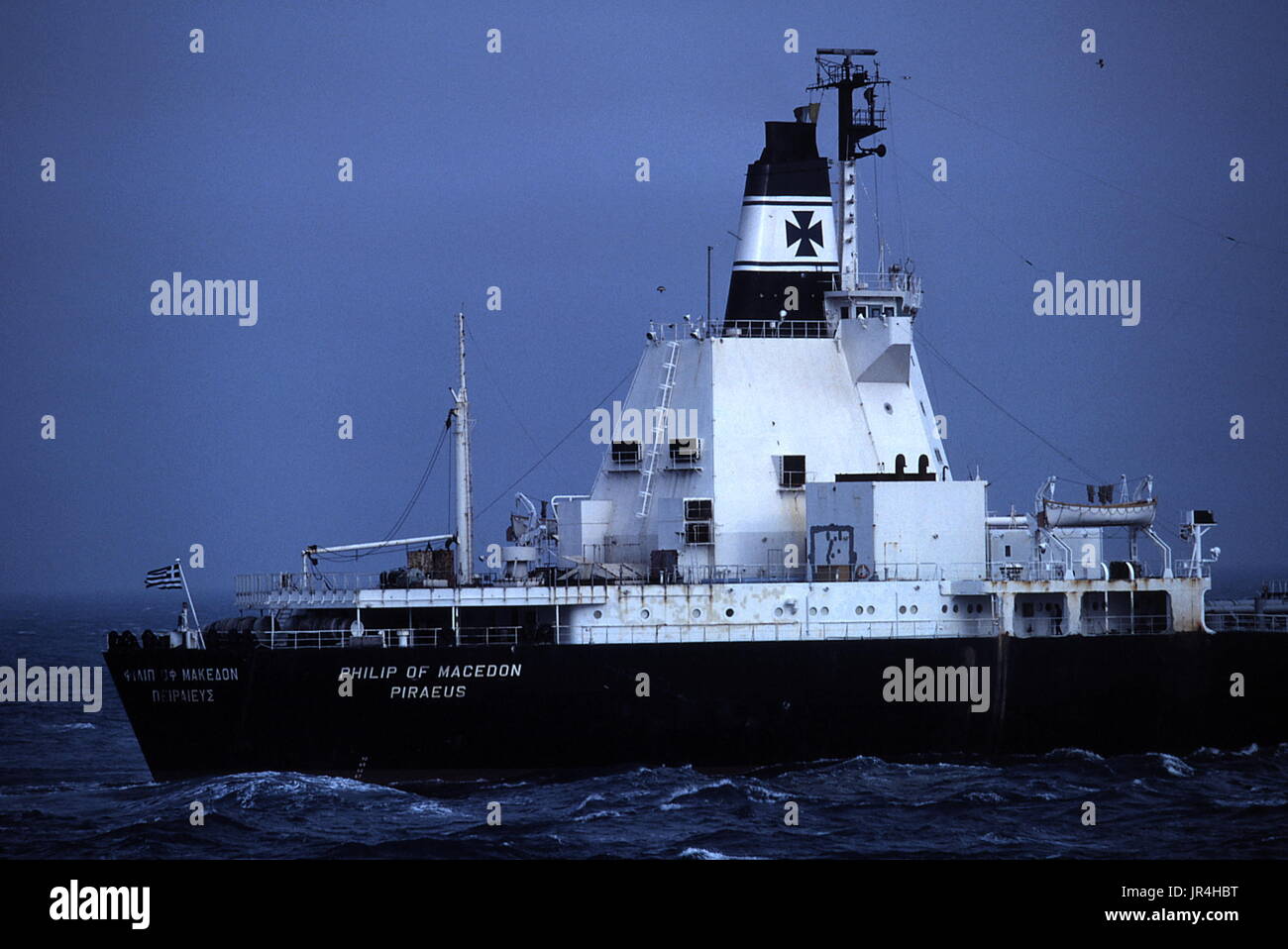 AJAXNETPHOTO. DECEMBER, 1981. ENGLISH CHANNEL. - GREEK SUPERTANKER - PHILIP OF MACEDON EAST BOUND IN THE CHANNEL. NOTE ODD SHAPED BRIDGE SUPERSTRUCTURE.  PHOTO:JONATHAN EASTLAND/AJAX REF:876958 27 Stock Photo