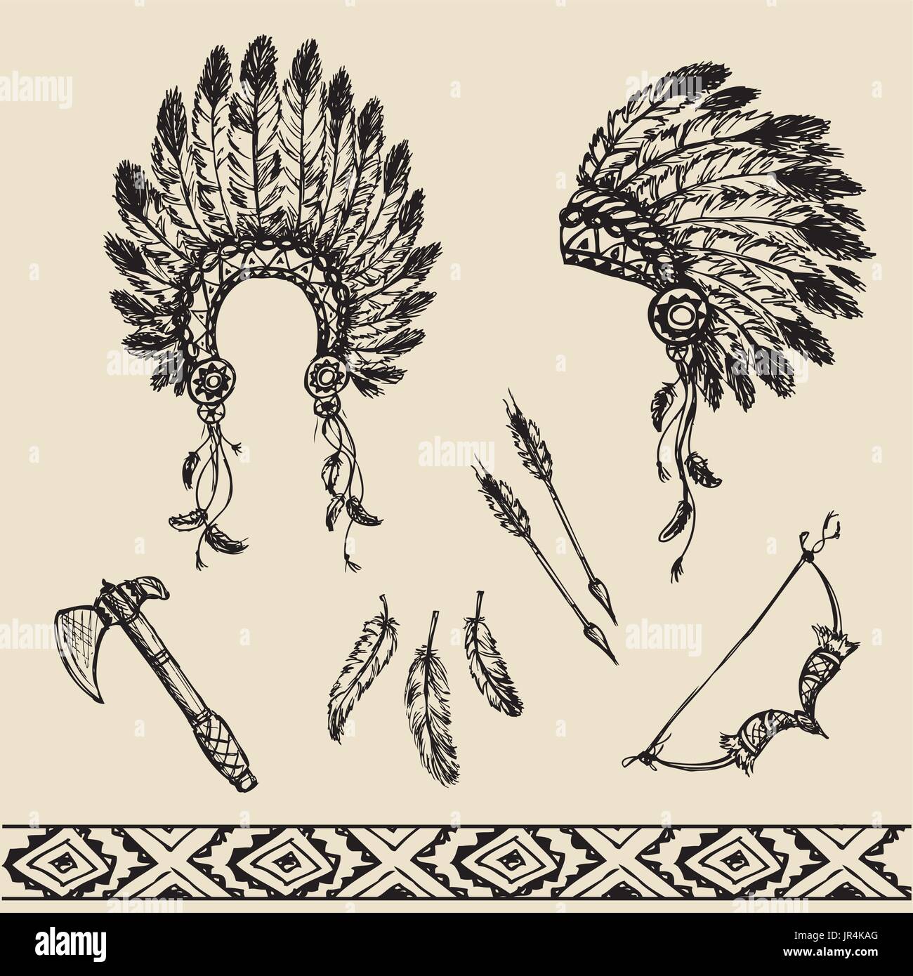 Collection of vintage hand drawn design elements: peace pipe, Indian hat, dreamcatcher, axe, feathers and stars. Vector illustration Stock Vector