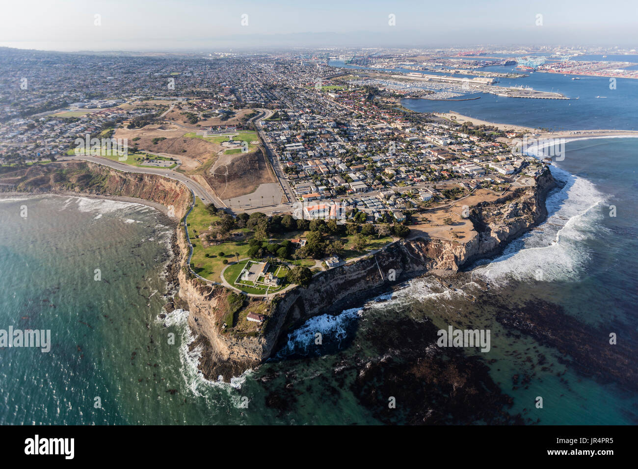 San Pedro pacific ocean coastline aerial in Los Angeles, California. Stock Photo