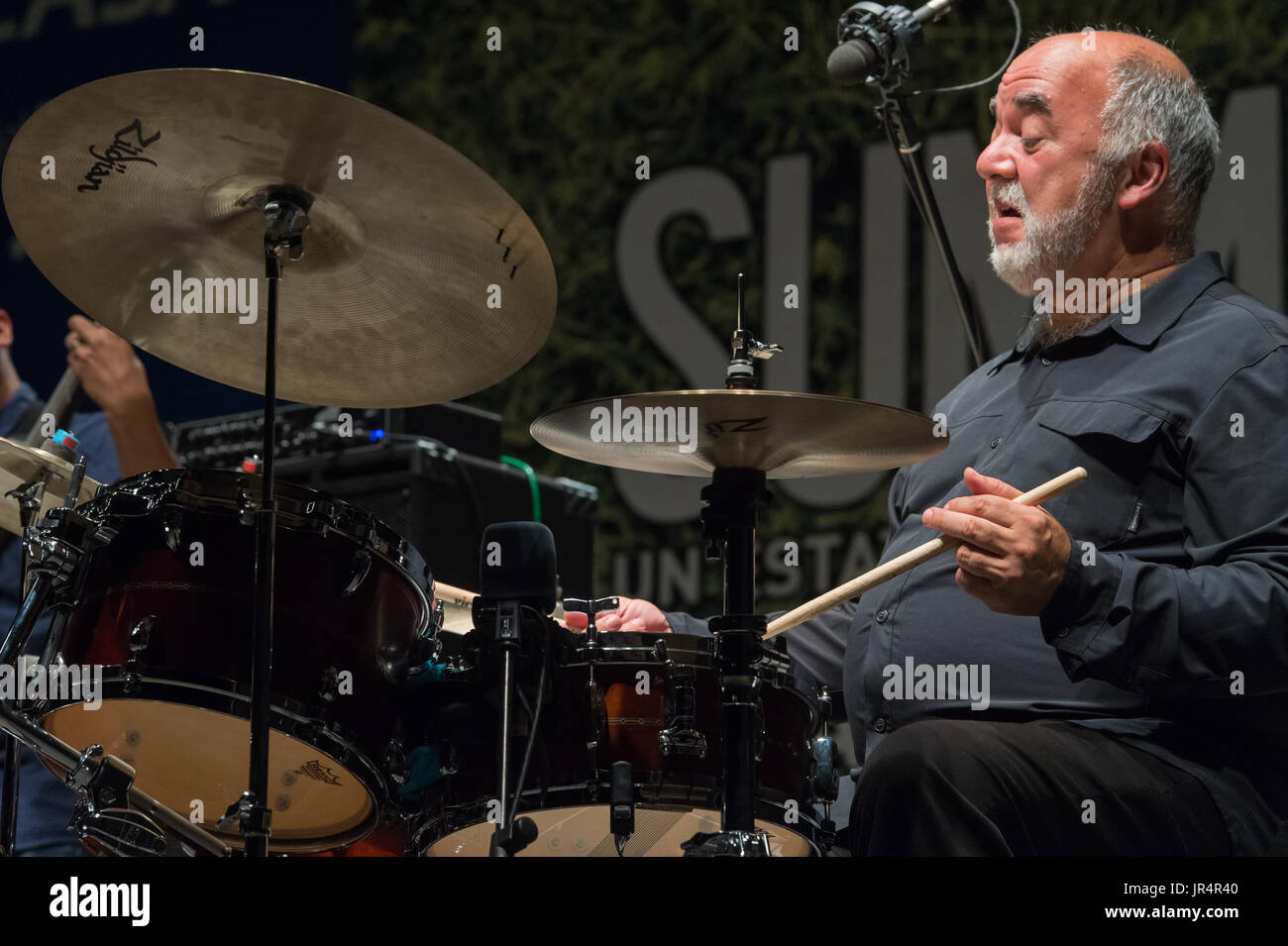 Rome, Italy. 01st Aug, 2017. Peter Erskine is a world jazz icon. His myth begins with the Weather Reports with Jaco Pastorius and Joe Zawinul. As a leader he also writes beautiful music pages with his European trio together with John Taylor and Palle Danielsson. On 1/8/2017 he performed in Rome at 'Summertime 2017' event presenting his latest record: 'Dr. UM '. With him on stage Iohn Beasley on piano, Bob Sheppard on tenor and soprano sax and Benjamin Shepherd on mass. Peter Erskine Credit: Leo Claudio De Petris/Pacific Press/Alamy Live News Stock Photo
