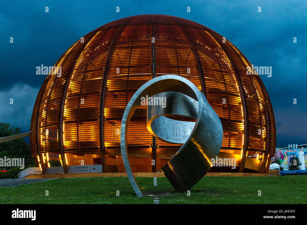 GENEVA, SWITZERLAND - JUNE 8, 2016: The Globe of Science & Innovation in CERN research center, home of Large Hadron Collider (LHC). The sculpture was Stock Photo