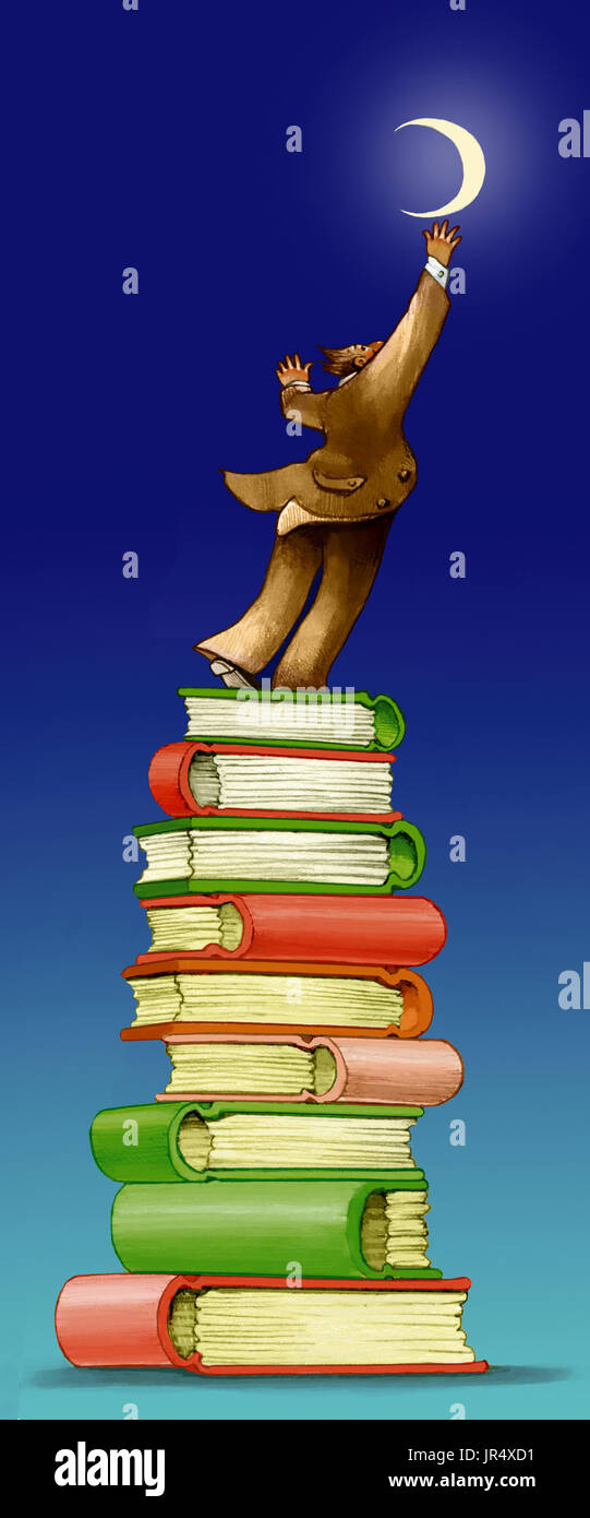 Man on pyramid of books seeks to grab the moon Stock Photo