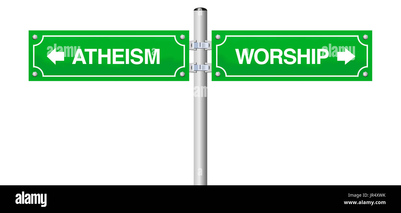 ATHEISM and WORSHIP guidepost - symbol for the choose between religious life or the decision not to believe in god or any religion or church. Stock Photo