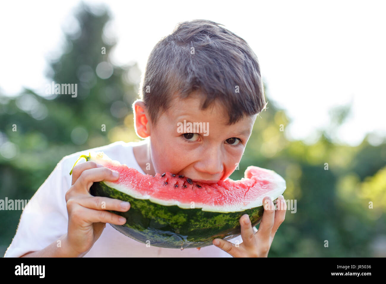 Little boy bite into watermelon and looking into camera outdoor Stock Photo