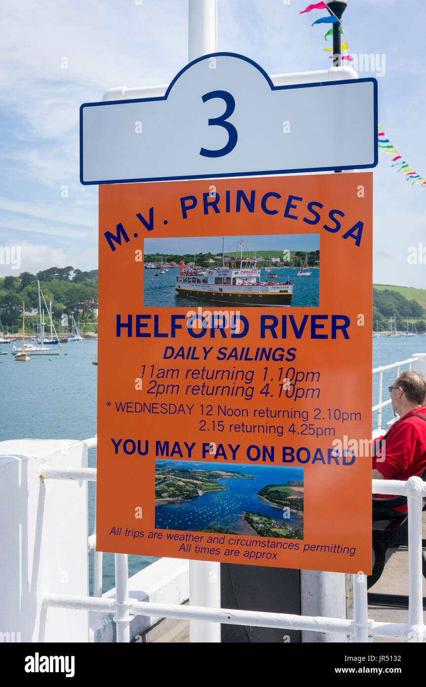 Sign at Falmouth pier for the daily ferry trip up the Helford River from Falmouth, Cornwall, UK Stock Photo