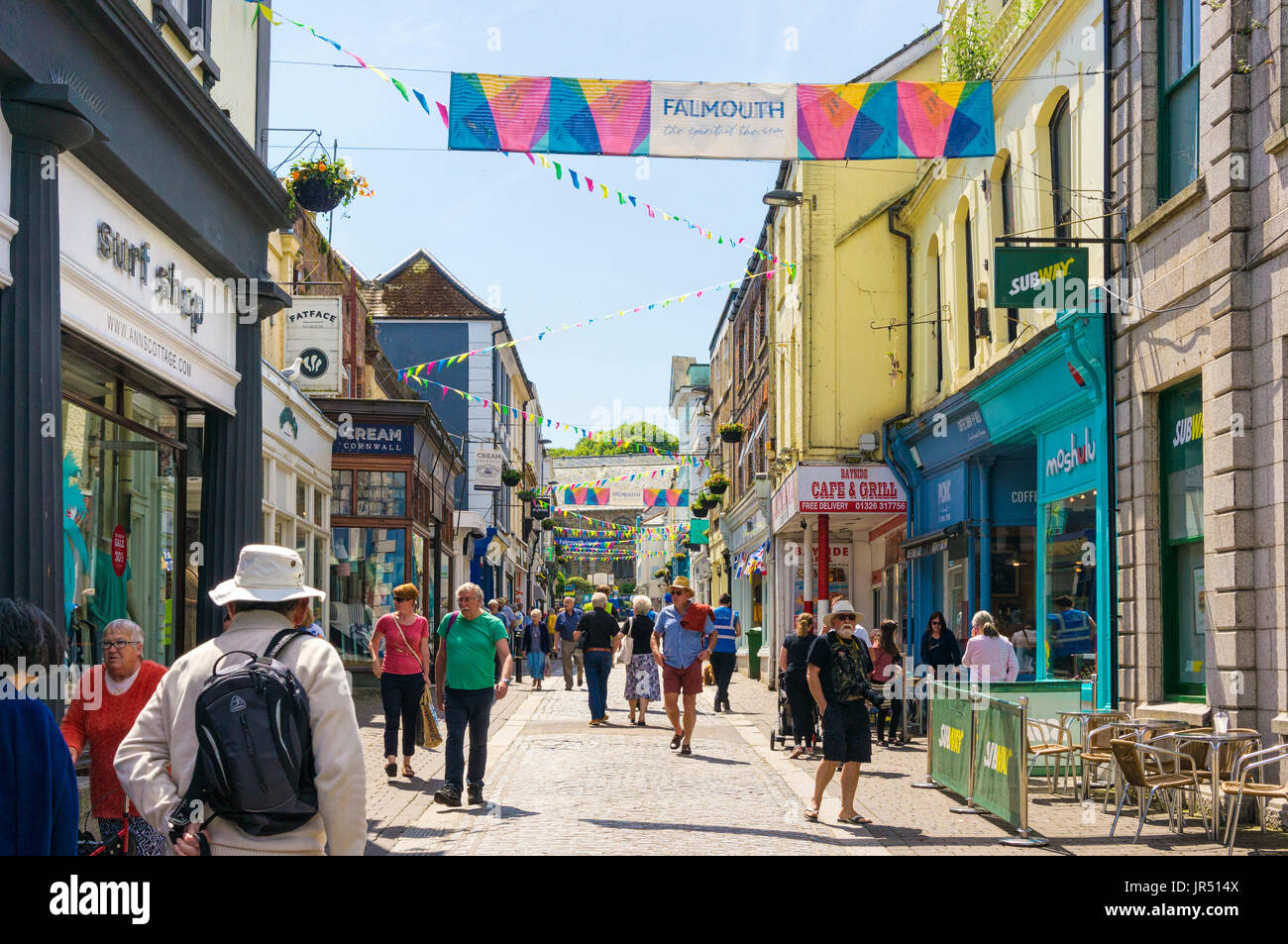 Falmouth, Cornwall, UK - Busy town centre shopping street, high street  Falmouth UK in summer Stock Photo
