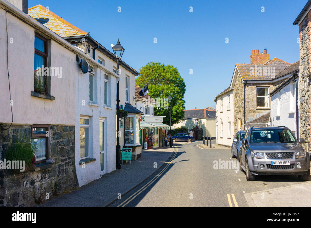 Mullion village street, Cornwall, England, UK Stock Photo