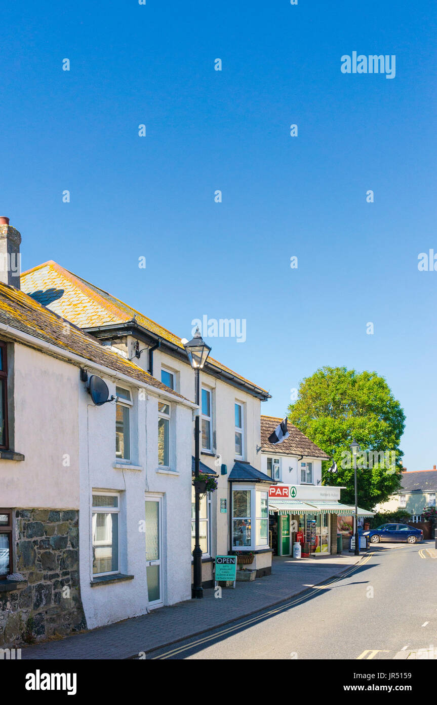 Village street in Mullion, Cornwall, England, UK Stock Photo