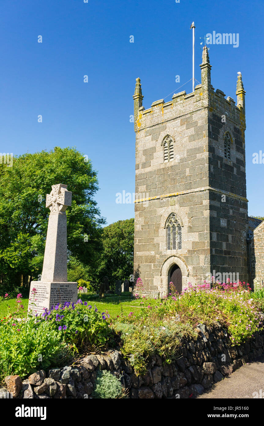 St Mellanus church, Mullion, Cornwall, UK - a Grade 1 Listed English church with Norman architecture, Romanesque village church built in 13th Century Stock Photo