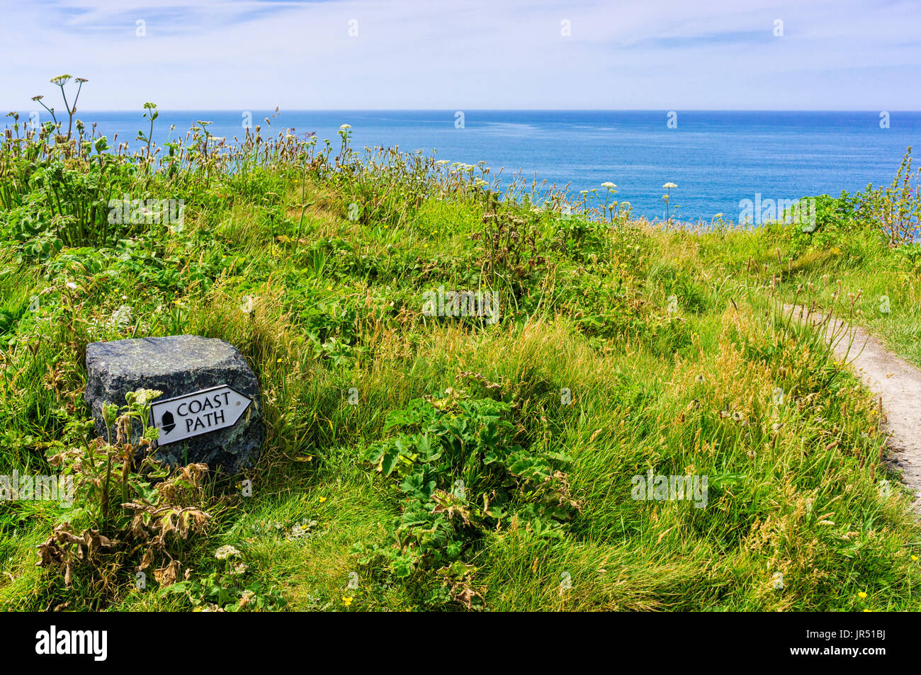 Coast Path sign on the South West Coast Path, Lizard Peninsula, Cornwall, UK Stock Photo