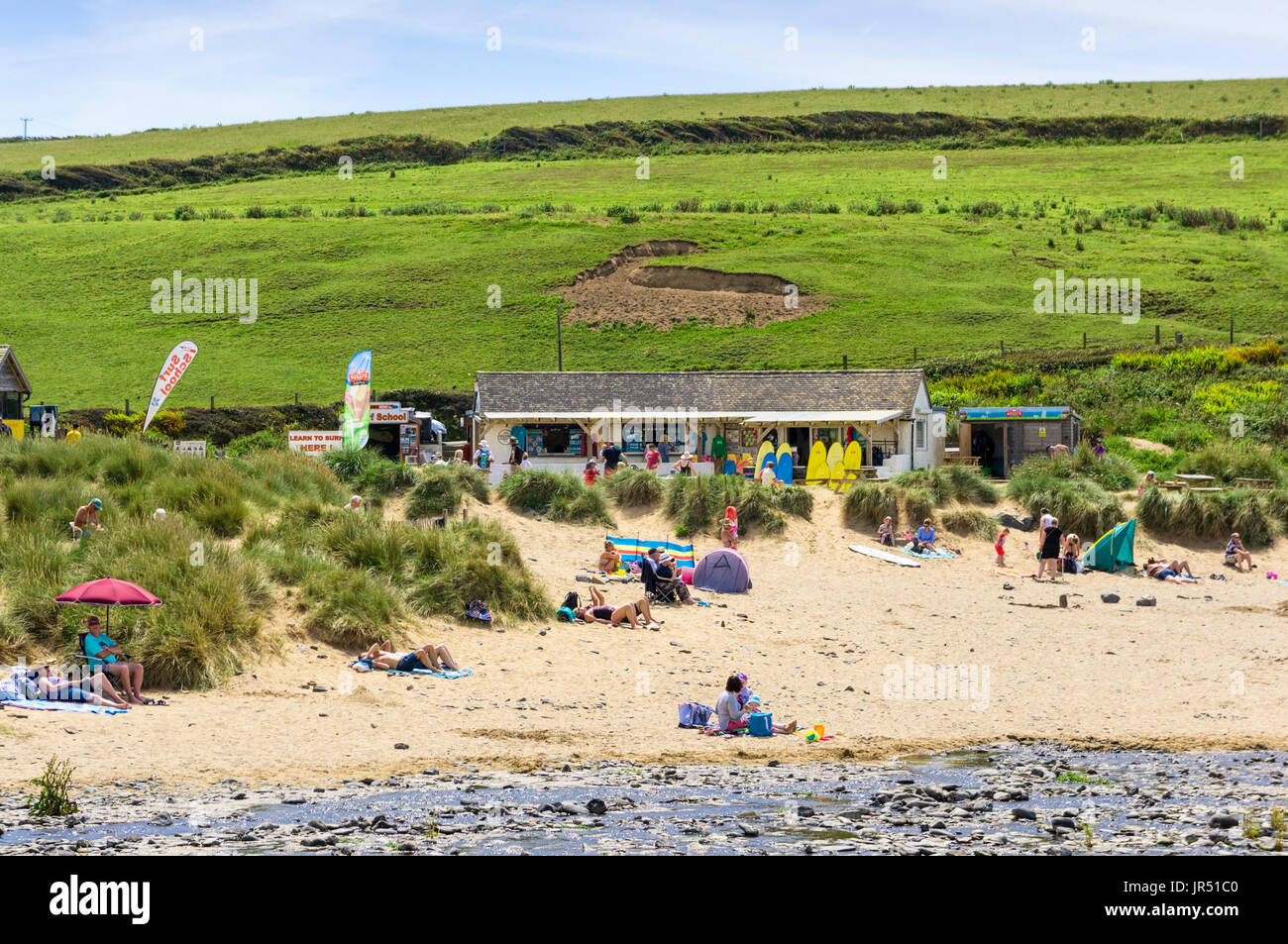 Beach cafe at Poldhu Cove, Cornwall, UK beach Stock Photo