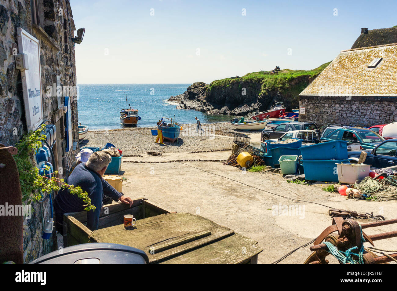 Fishing boats and fishermen at Cadgwith Cove, Lizard Peninsula, Cornwall, UK in summer landing a catch Stock Photo