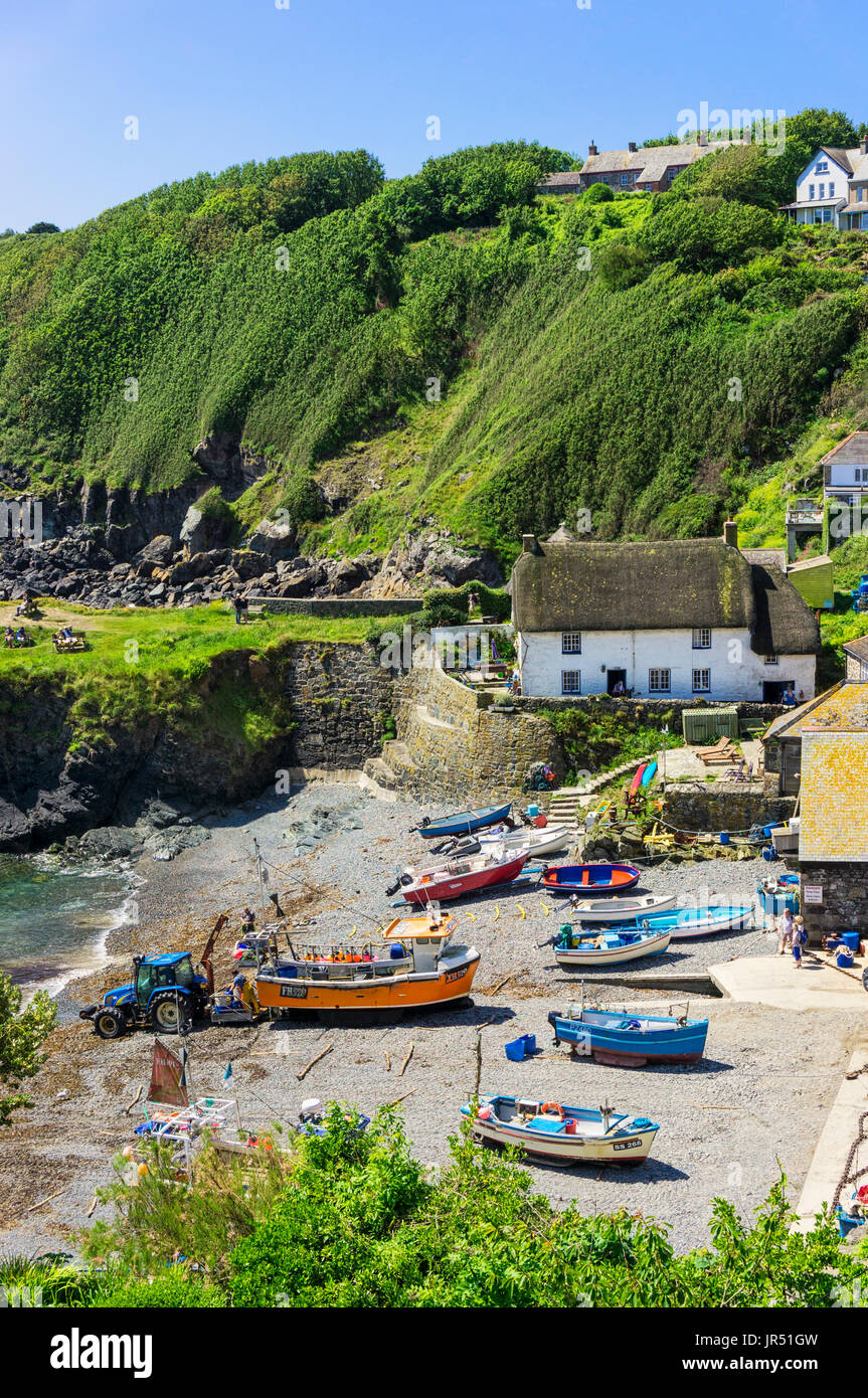 Cadgwith Cove village and beach with fishing boats, Lizard Peninsula, Cornwall, UK in summer Stock Photo