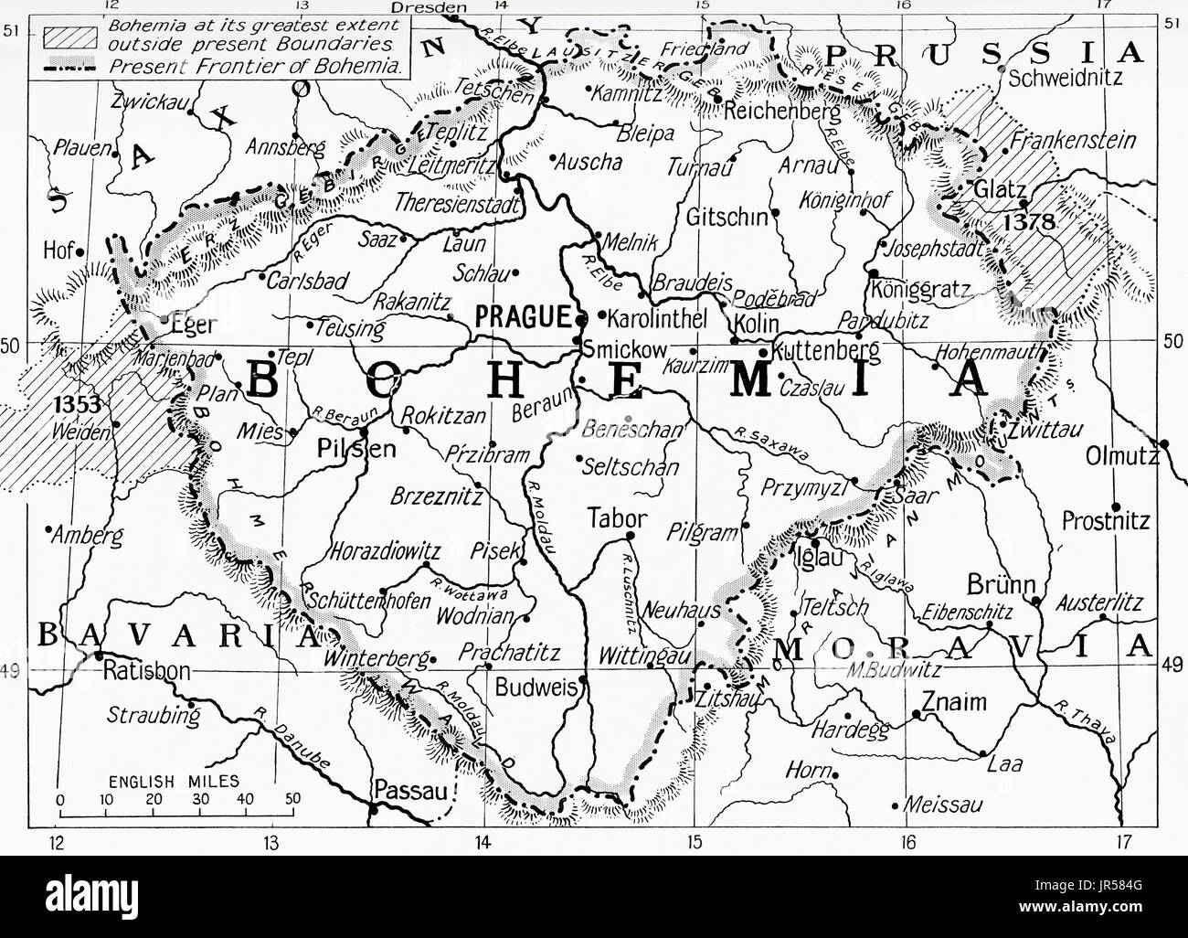 Map of Bohemia at the outbreak of WWI.  The lined areas show its extent in the 14th century, the dotted line shows its frontier in 1914.  From Hutchinson's History of the Nations, published 1915. Stock Photo