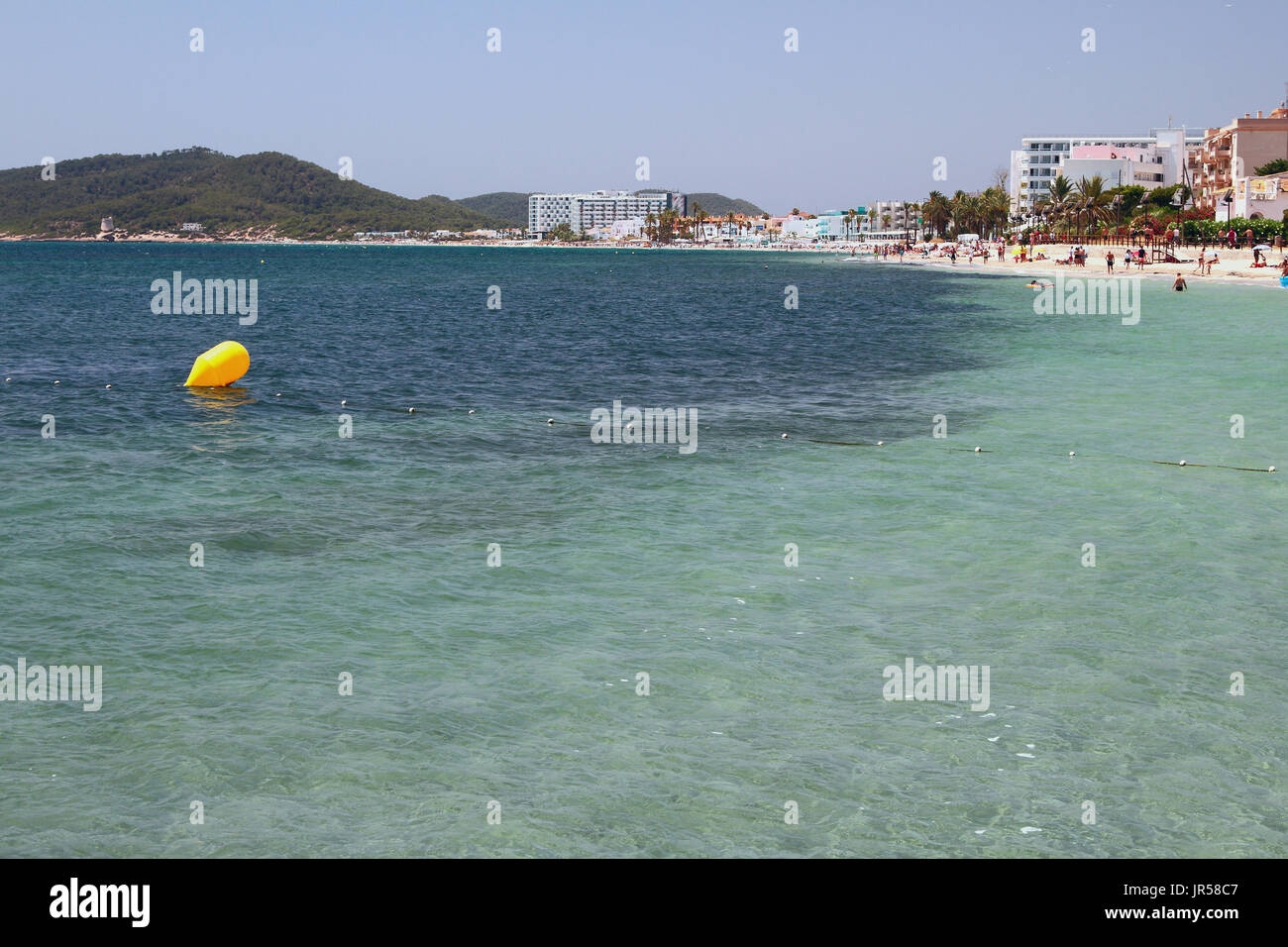 Popular mediterranean resort. Playa den Bossa, Ibiza, Spain Stock Photo