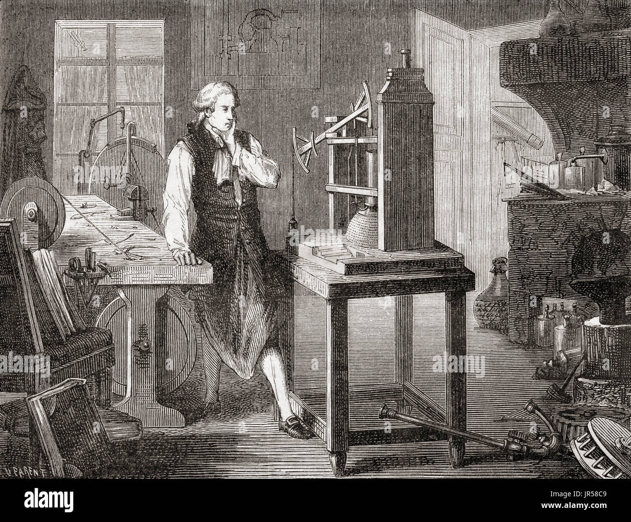 James Watt in his Glasgow workshop improving on Thomas Newcomen's 1712 Newcomen steam engine, with his Watt steam engine in 1781.  James Watt, 1736 -1819.  Scottish inventor, mechanical engineer and chemist.  From Les Merveilles de la Science, published 1870. Stock Photo