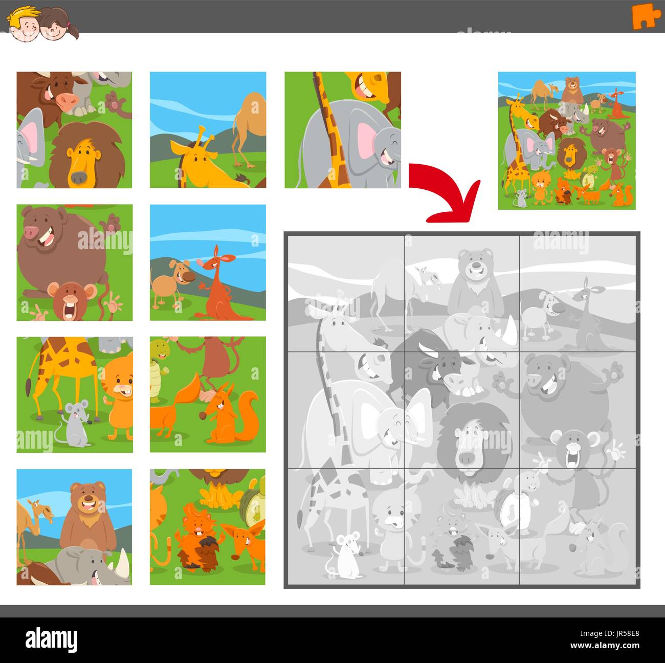 Cartoon Illustration of Educational Jigsaw Puzzle Game for Children ...