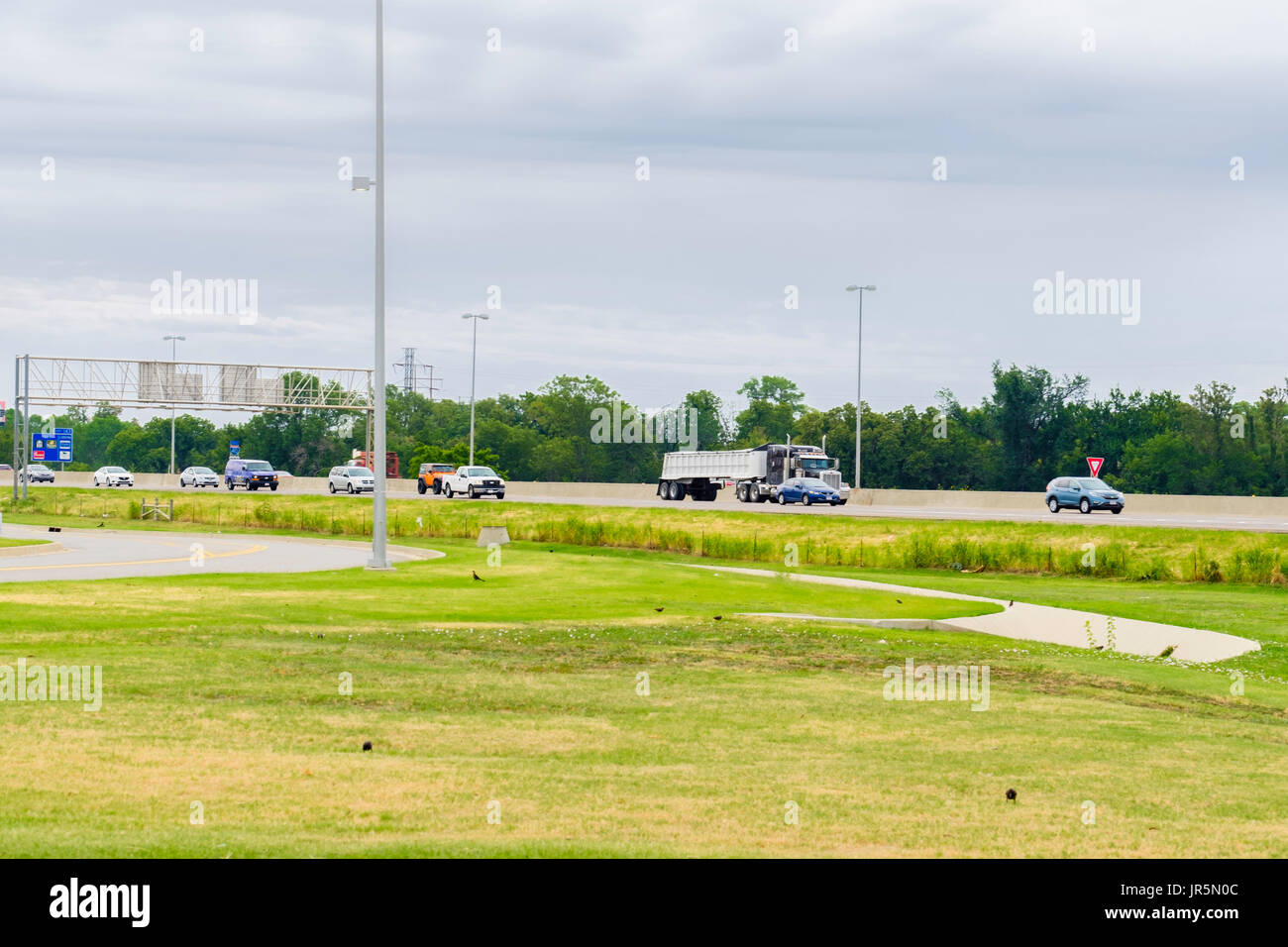 Automobile and truck traffic on Interstate 40 in Oklahoma City, Oklahoma, USA. Stock Photo