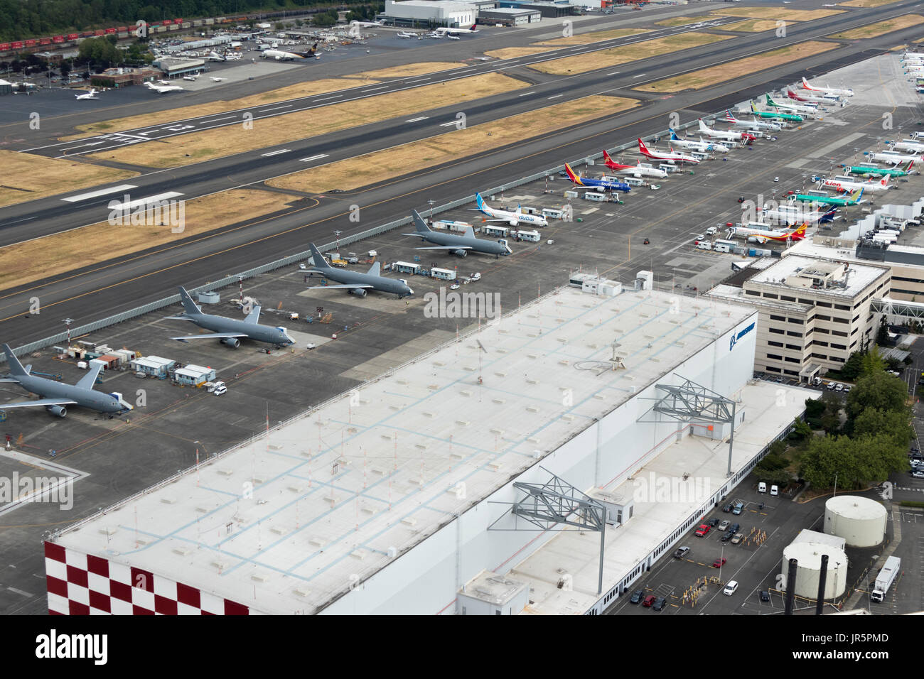 Aerial view of Boeing 737 airplanes under construction at Boeing Field factory, Seattle, Washington State, USA Stock Photo