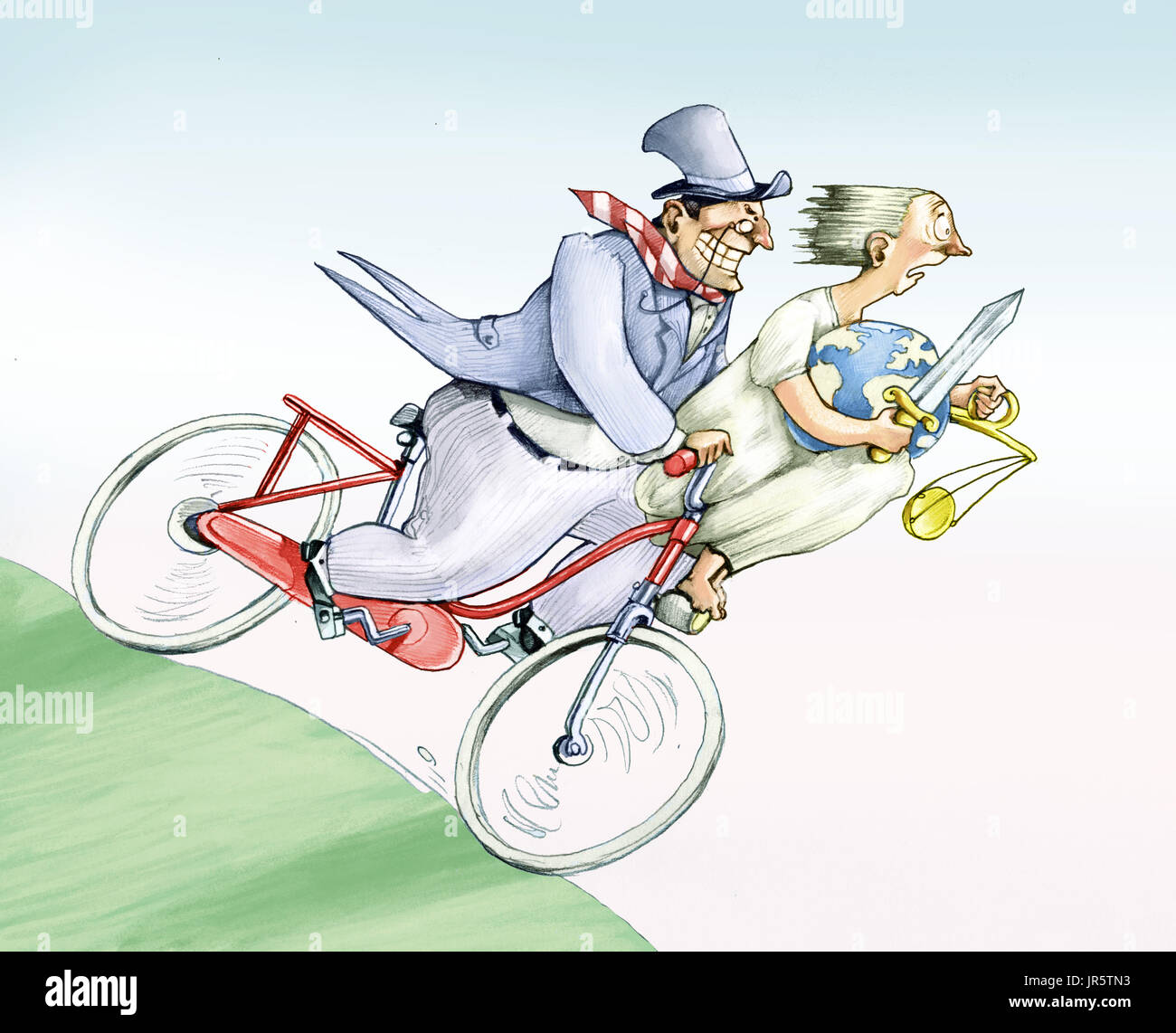 A financier runs dangerously on a bicycle, on the handlebar is sitting terrified justice with the world in the arms Stock Photo