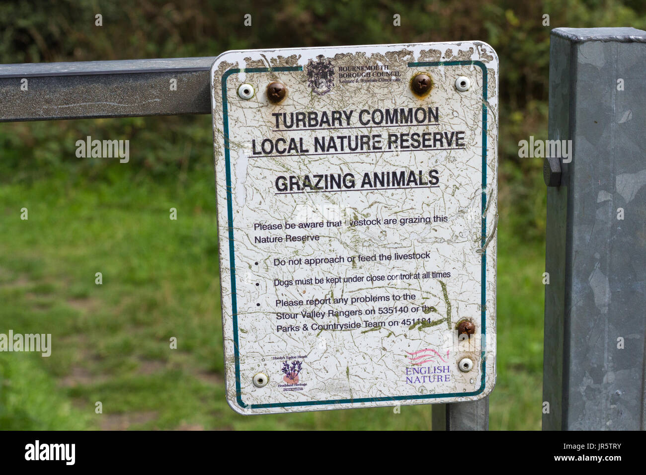 Turbary Common Local Nature Reserve, grazing animals notice on gate entrance Stock Photo