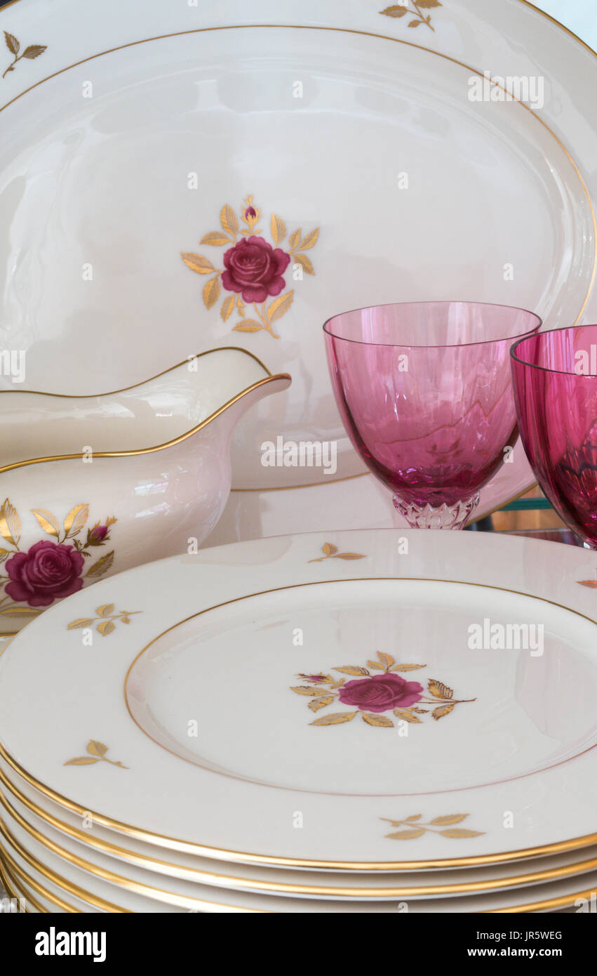 Vintage Lenox Rhodora Pattern China and Pink Crystal Glasses, USA Stock Photo