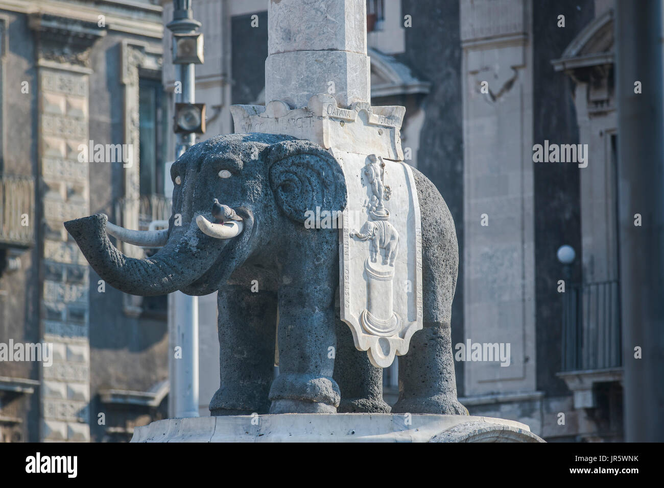 Catania Sicily elephant, view of the Liotru - a lava rock elephant supporting an Egyptian obelisk on its back in the Piazza del Duomo, Catania, Sicily Stock Photo