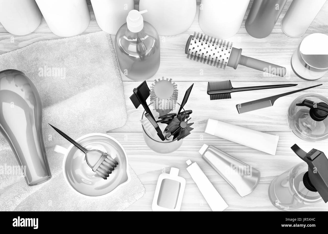 Hairdryer, combs, hair dye and professional cosmetics for hair located