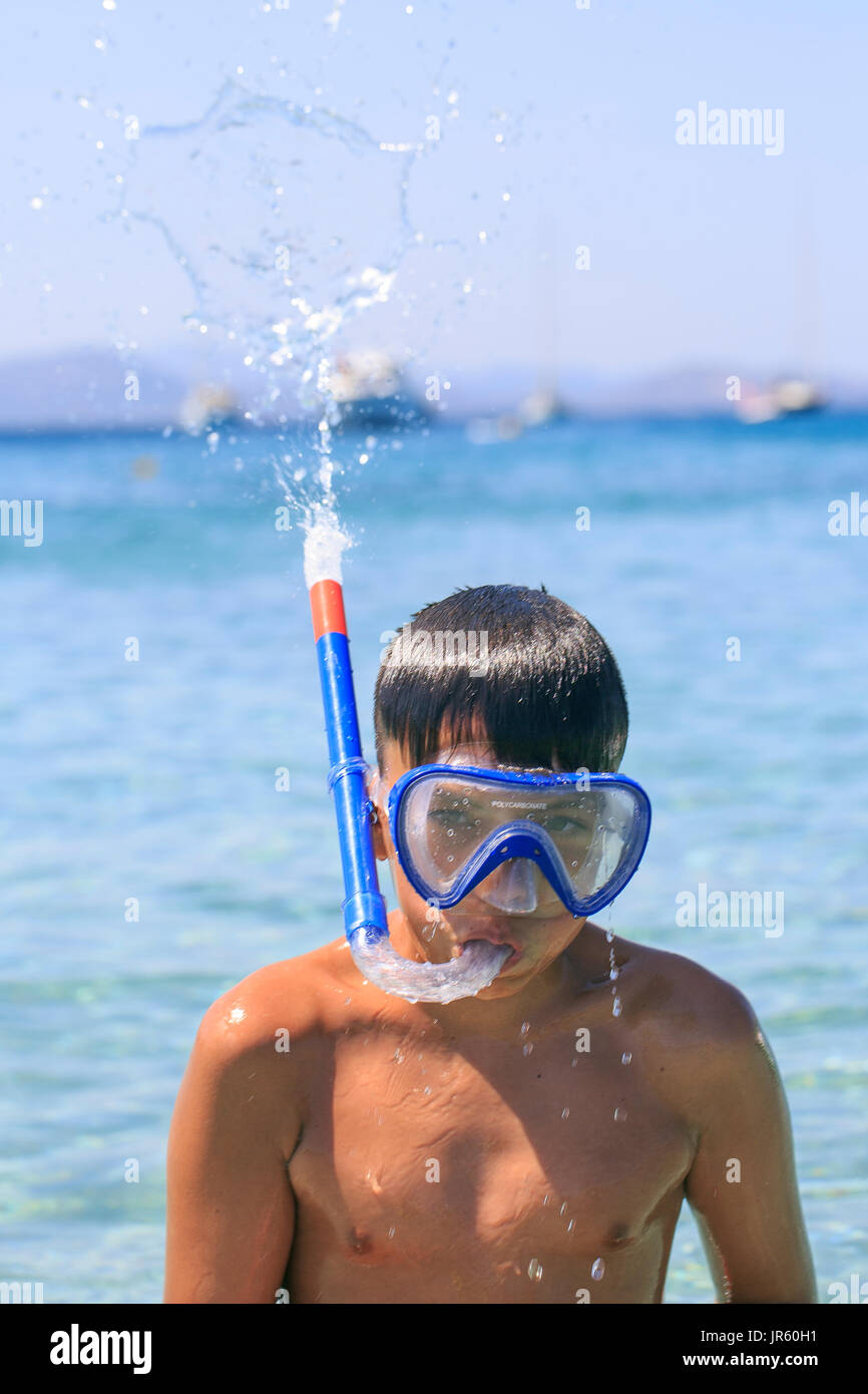 Boy with snorkeling mask Stock Photo Alamy