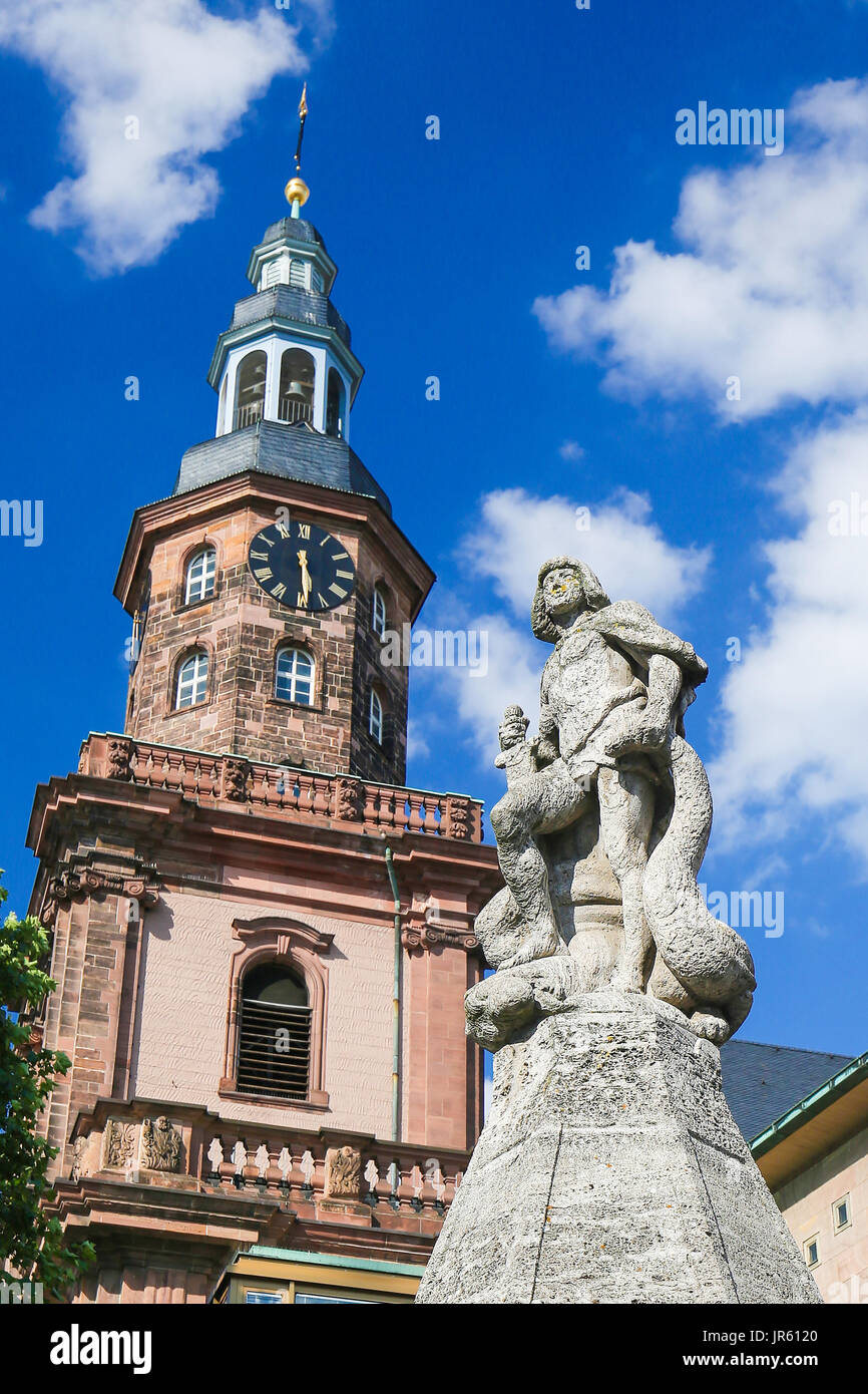 Statue of Siegfried and the Holy Trinity Church, the largest Protestant church in Worms, Germany. Stock Photo