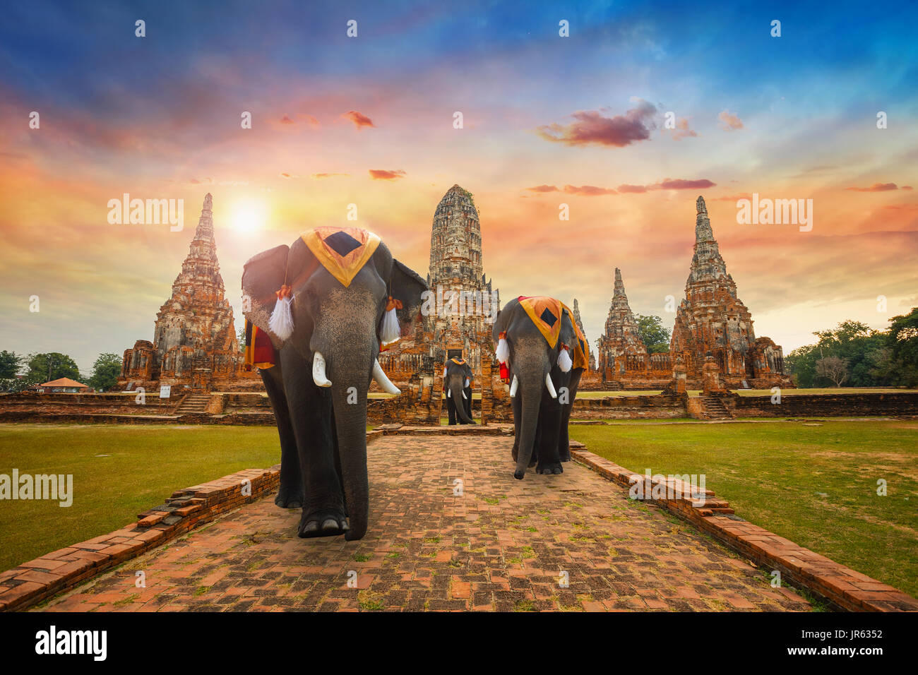 Elephant at Wat Chaiwatthanaram temple in Ayuthaya Historical Park, a UNESCO world heritage site, Thailand Stock Photo