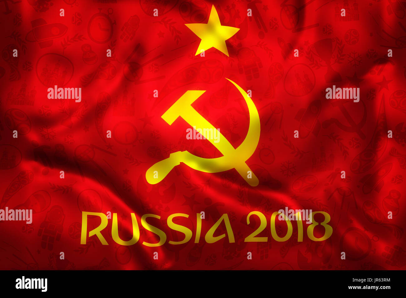 World  Football 2018 Russia Tournament Symbal on a Red Wrinkled Flag Stock Photo