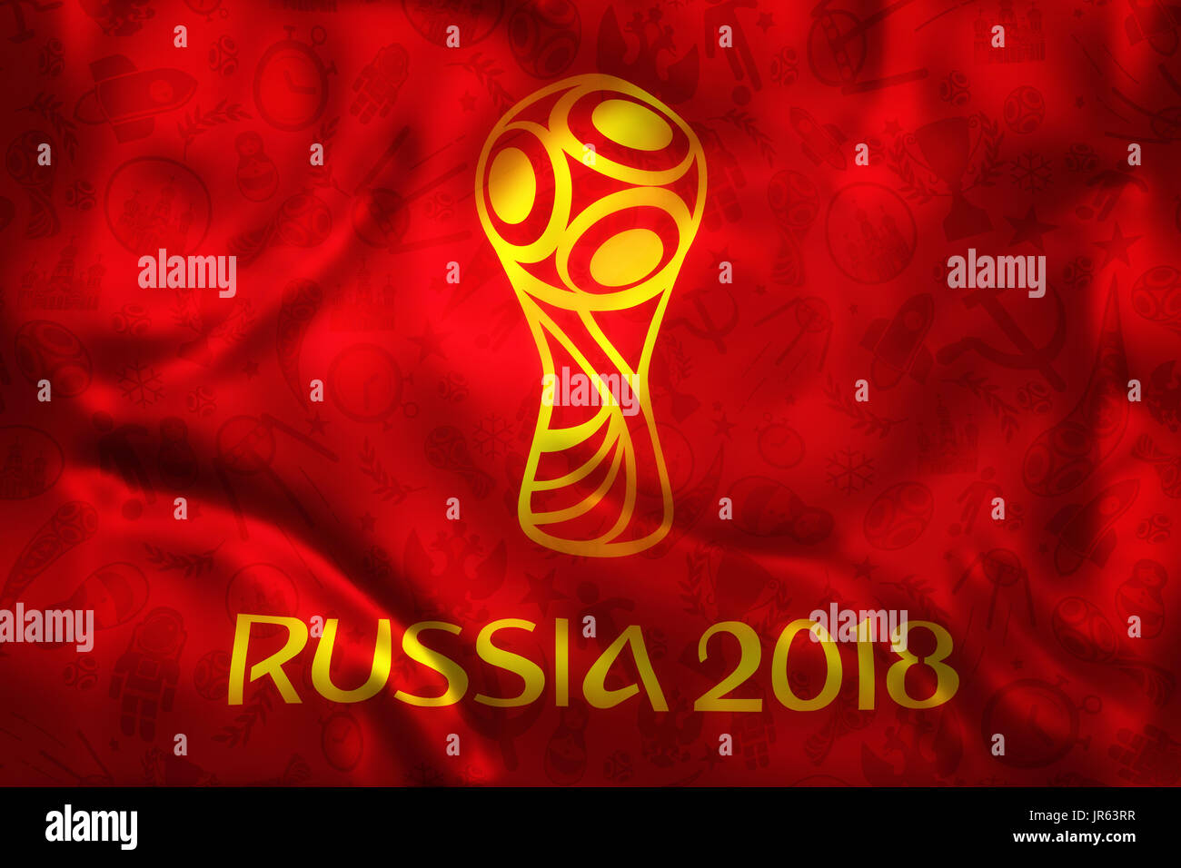 World  Football 2018 Russia Tournament Symbal on a Red Wrinkled Flag Stock Photo