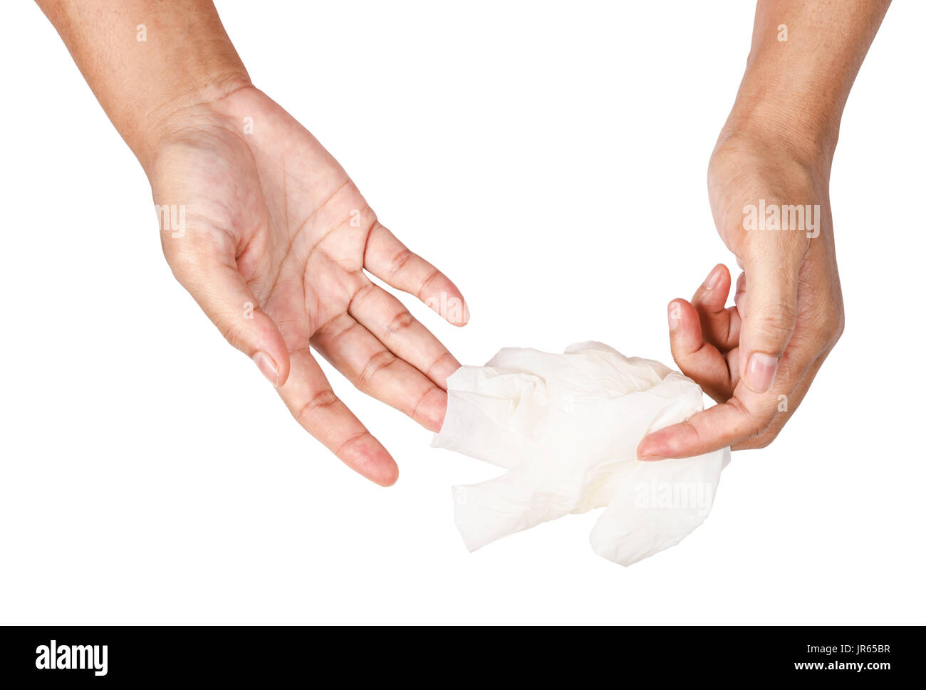 Hand throwing away white disposable gloves medical, Isolated on white