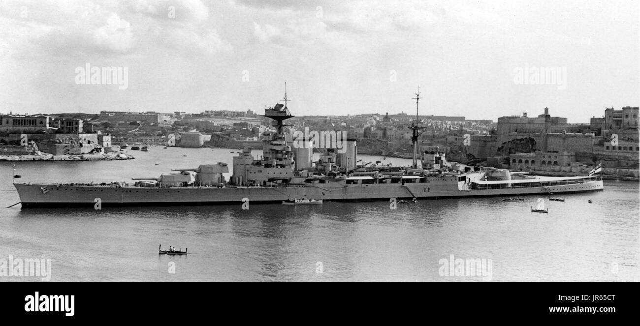 HMS Hood moored  in Valencia Harbour, Malta, during November 1936 Stock Photo