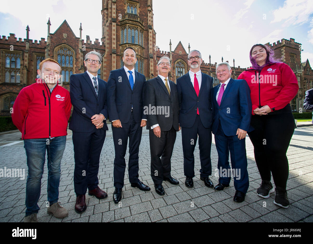 Irish Taoiseach Leo Varadkar (third left) is greeted at Queen's University in Belfast by (left to right) students' union president Sean Fearon, Professor David Jones, university president and vice-chancellor Professor James McElnay, vice-chancellor Richard English, pro-chancellor and chair of Senate Stephen Prenter and students' union welfare officer Jessica Elder. Stock Photo