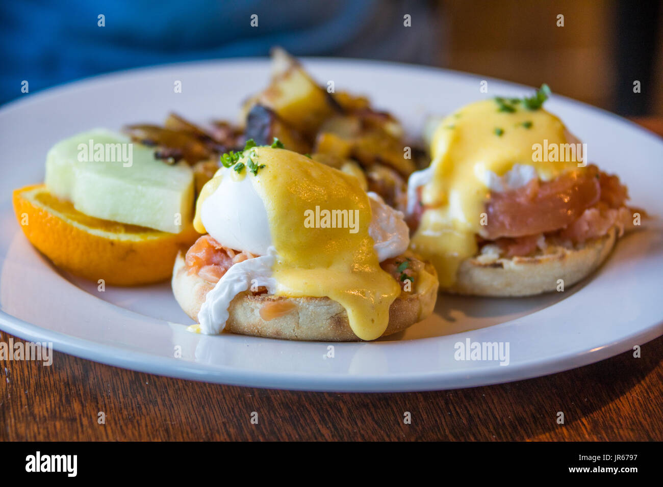 Salmon Benedict at Wildwood Cafe, Function Junction, Whistler, Canada Stock Photo