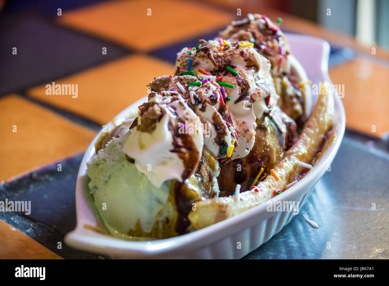 Ice cream banana split at Spitz Grill, Whistler, Canada Stock Photo Alamy